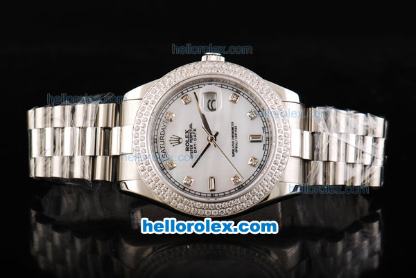 Rolex Day Date II Automatic Movement Full Steel with Double Row Diamond Bezel with Diamond Markers and White MOP Dial - Click Image to Close